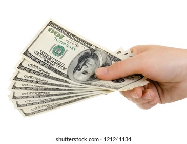 Cash  Currency Note Dollar In Hand, On White Background, Isolated