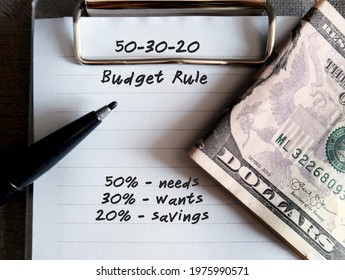 Cash dollars money ,pen and notebook with text written - 50 30 20 RULE , 50% NEEDS 30% WANTS 20% SAVINGS - Rule of Thumb for allocating budget to reach financial goals - Shutterstock ID 1975990571