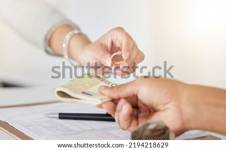 .Cash exchange, gold ring and diamond evaluation sale for woman with financial study debt. Jewellery seller, money and goldsmith deal at pawn shop for bankrupt person with loan payments.