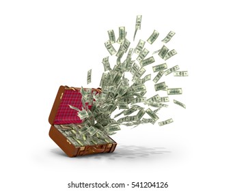 Cash explosion. Dollars that are emitted from a leather suitcase on a white background. 3D illustration