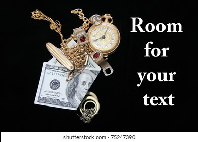 Cash For Gold And Jewelry, Isolated On Black Velvet With Room For Your Text. Text Is Easily Removed And Replaced With Your Own