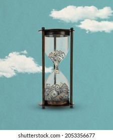 Cash, money flows into hourglass isolated on blue sky cloudy background. Contemporary art collage. Inspiration, idea, trendy urban magazine style, fashion and creativity. Copyspace for ad. Surrealism. - Shutterstock ID 2053356677
