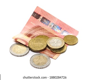 Cash Money, Paper Euro Bill, Banknote With Metal Coins, Cents Isolated On White Background