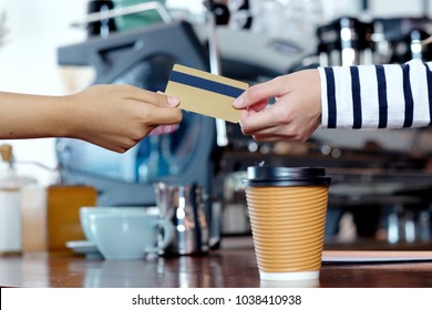 Cash Register Card Payment, Close Up Of Customer Hand Holding Credit, Debit Electronic Card To Buy Coffee By At Cafe Shop Counter, Food And Drink Business Concept