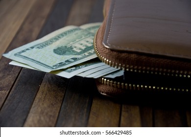 Cash In Wallet On Wooden Background, Dollar Money, Finance Concept