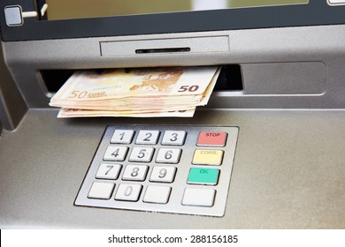 Cash Withdrawal. Euro Banknotes In ATM 