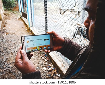 Cashe Instant Personal Loan Apps Displayed On Digital Screen By Indian Villager In India Shot Captured On Dec 2019