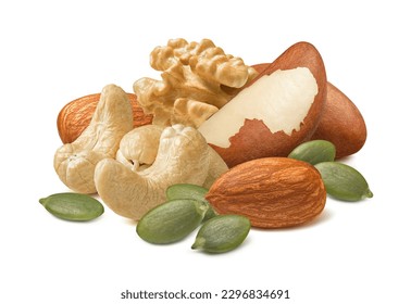 Cashew, almond, walnut and brazil nuts, pumpkin seeds isolated on white background. Package design element with clipping path - Powered by Shutterstock