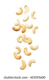 Cashew Nuts Falling On White Background