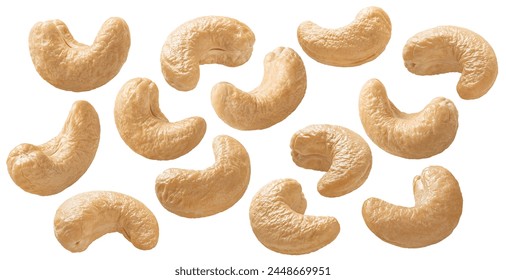 Cashew set isolated on white background. Single nuts, perfectly lit. Package deisgn elements with clipping path