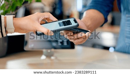 Cashier, customer and phone for POS machine for restaurant fintech, digital payment and easy checkout services. Barista or people hands at point of sale counter with mobile app tap or scan at cafe