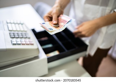 Cashier Hand Working With Cash Register Changing Money Bill