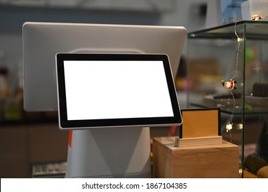 Cashier Machine Touch Screen With Blank Screen In Modern Cafe.