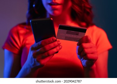 Cashless Payment Banking Operation Woman Neon Card