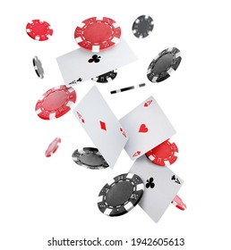 Casino Chips And Playing Cards Falling On White Background