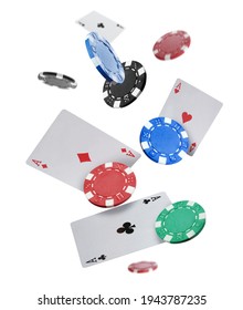 Casino Chips And Playing Cards Falling On White Background