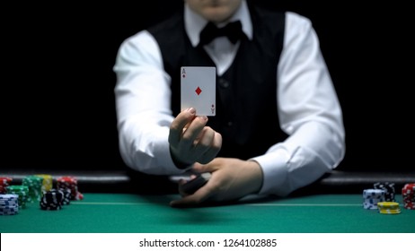 Casino Croupier Showing Ace Card In Front Of Camera, Poker Game Shuffling Tricks