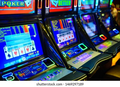 Casino gambling machines at the cruise ship. Carnival cruise line. Miami. Florida. July 10 2019 - Shutterstock ID 1469297189