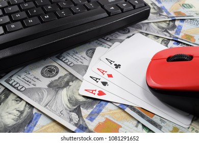 Casino Online, Real Money. On The Table Money (dollars), Playing Cards, Keyboard And Mouse From The Computer