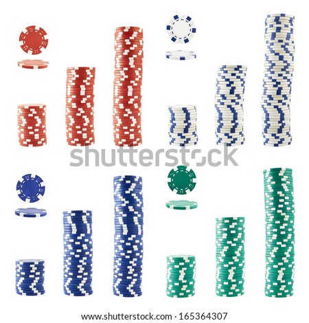 Casino playing chips collection, in single and stack foreshotenings, isolated over white background, set of four colors