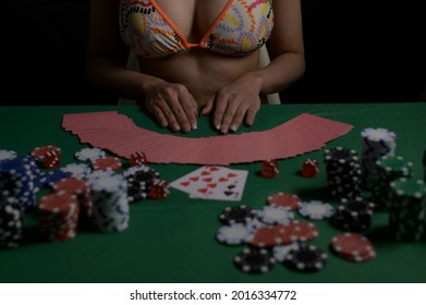 Casino Worker, Dealing From The Deck Of Cards To Play Poker With A Lot Of Chips Dealer, Bet, Fortune, Luck