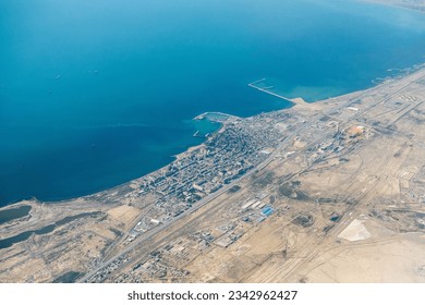 Caspian Sea coastline and Sahil settlement, also known as Primorsk, in the Garadagh district of Azerbaijan, south-west of the Baku city. 