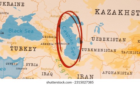 Caspian Sea marked with Red Circle on Realistic Map.