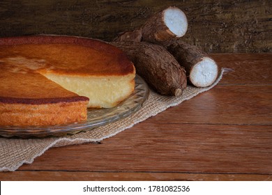 Cassava cake with white background. Wooden background