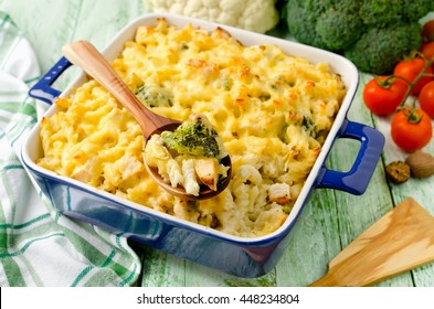 Casserole With Pasta, Chicken, Broccoli And Bechamel Sauce Under A Cheese Crust