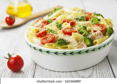 Casserole Pasta With Chicken And Broccoli On The Table