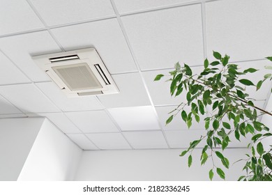 Cassette air conditioner on ceiling in modern light office or apartment with green ficus plant leaves. Indoor air quality and clean filters concept - Shutterstock ID 2182336245
