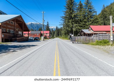 Cassiar highway through the pretty ghost town of Hyder, Tongass national forest, Alaska, USA. 