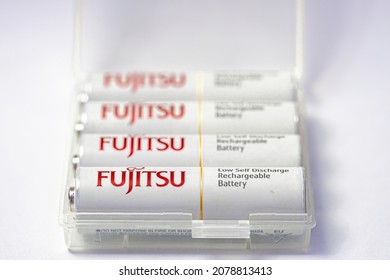 Cassilandia, Mato Grosso do Sul, Brazil - 11 20 2021: Fujitsu AA-size batteries and ni-mh technology in a selective focus battery holder 