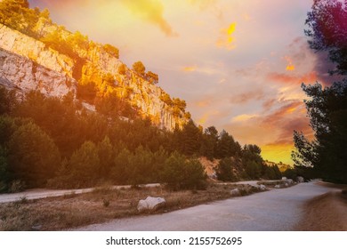 Cassis, Calanques, France. French Riviera. Beautiful Nature Of Cote De Azur On The Azure Coast Of France. Calanques. Altered sunrise Sky.