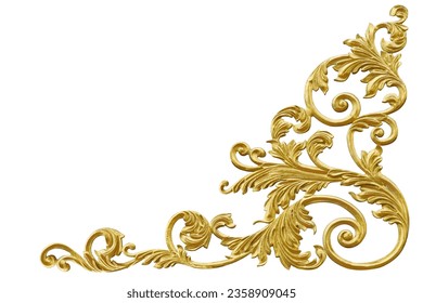 Cast iron with an ancient Roman mustard leaf pattern painted gold for decorating corners or Louis frames Isolated on white background. This has clipping path.