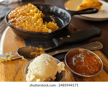 Cast Iron Corn Bread Served with Honey Butter and Pepper Jam