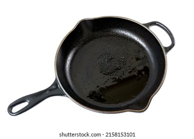 Cast Iron Pan Burnt Skillet Surface Cover With Oil Prepare To Clean Isolated On White