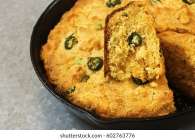 Cast Iron Skillet Jalapeno Corn Bread Close Up, Selective Focus