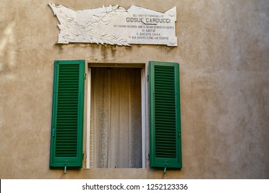 Castagneto Carducci, Livorno / Italy - June 20 2018: Detail Of The Façade Of The Home Of The Famous Italian Poet Giosuè Carducci, Who Gave His Name To This Village, Tuscany