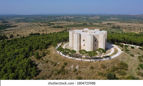 Castel del Monte, Barletta, Andria, Trani, Puglia / Italy - 08/15/2020: Aerial view of the Castel del Monte