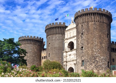 Castel Nuovo, better known by the name of Maschio Angioino, is a medieval and renaissance castle: it represents one of the symbols of the city of Naples in Campania, Italy.  - Shutterstock ID 2132012521