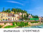 Castel San Pietro St. Peter Castle, Museo Archeologico, Convento di San Girolamo on hill with cypress trees and Adige river in Verona city historical centre, blue sky, Veneto Region, Northern Italy