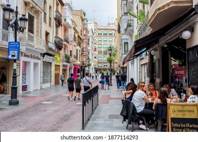 Castellon De La Plana Valencia Spain September 22 2019 People Sitting Outdoors At An Restaurant. Having Lunch On An Overcast Day. Old Walking Street In The City Center.