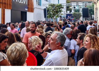 Castellon De La Plana Valencia Spain September 20 2019 Street Festival In Town. Live Music Entertainment During The Festivities. Huge Crowd In A Small Alley.