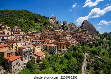 Castelmezzano panoramic view, a small village dug into the rock in the natural park of the Dolomiti Lucane,  famous also for the spectacular 