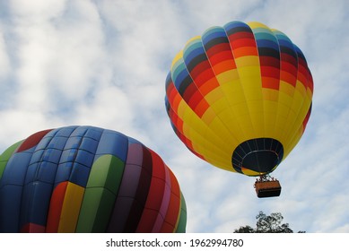 Castile, New York, USA, October 5, 2015, Hot Air Balloons With People In Basket Over Letchworth State Park