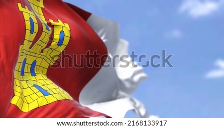 The Castilla La Mancha flag waving in the wind on a clear day. Castilla–La Mancha, or Castile La Mancha, is an autonomous community of Spain Foto stock © 