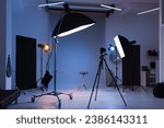 Casting call. Chair and different equipment in modern studio