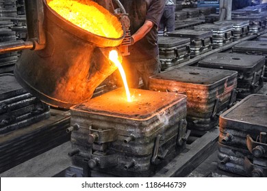 Casting and foundry. Casting is the process from which solid metal shapes (castings) are produced by filling voids in molds with liquid metal.  Patternmaking is the process for producing these pattern - Shutterstock ID 1186446739