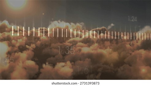 Casting warm light, sunlit cloud bank glowing above clouds, with waveform, lens flare, data markers. Sky, sunrise, golden, aerial, overlay, visualization, horizon